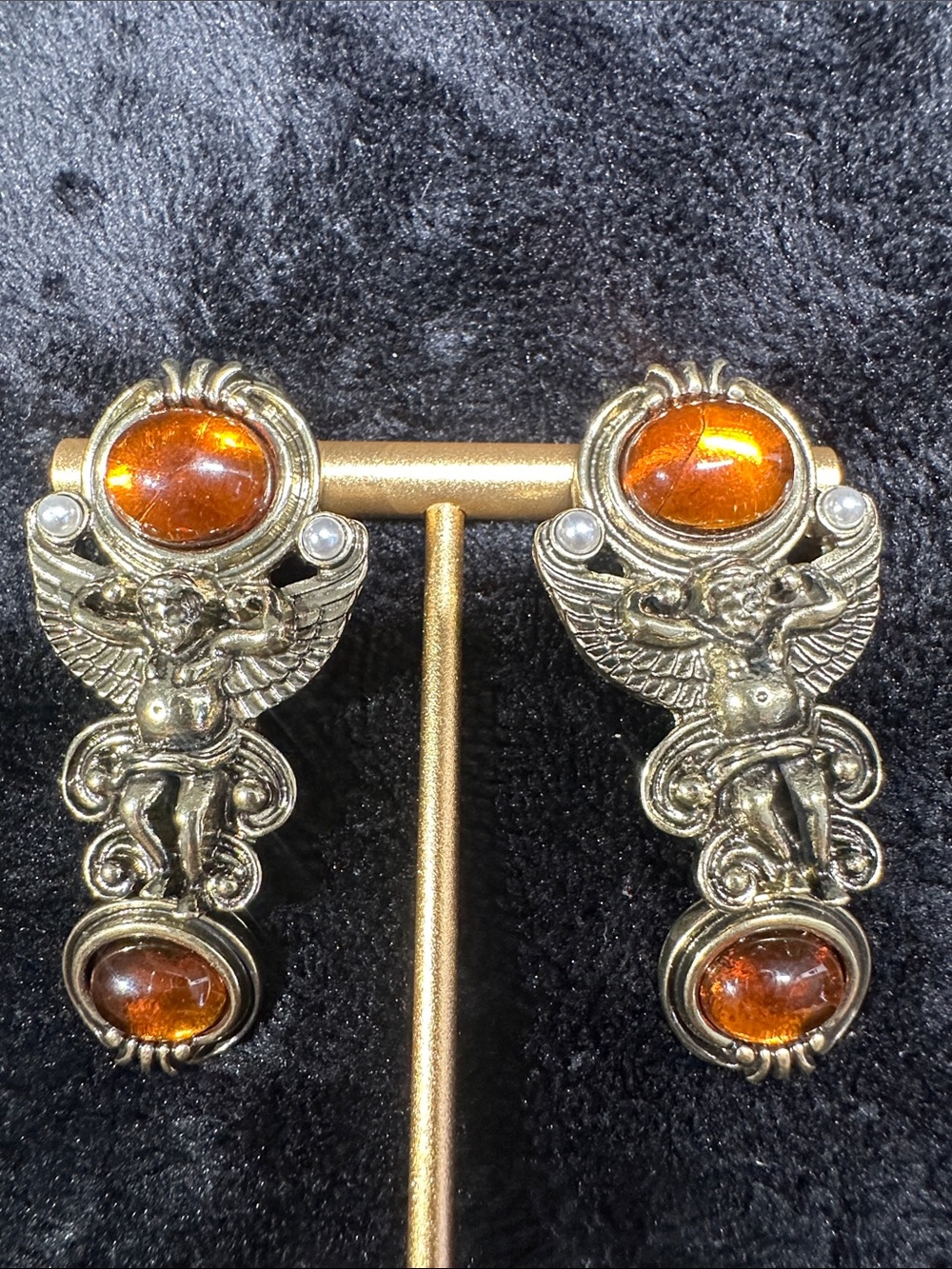 Gold-Tone Angel Motif Drop Earrings with Amber Stones